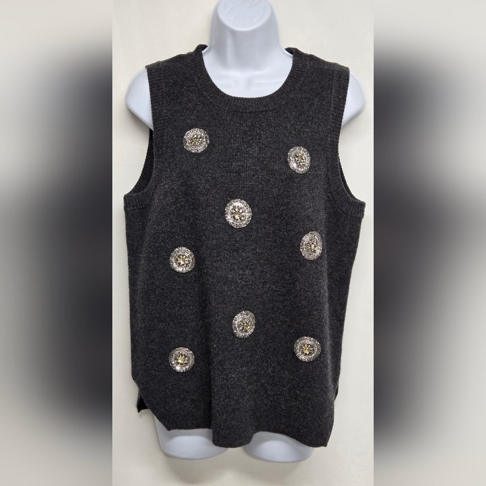 Lord & Taylor L Knit Vest Embellished Viscose Nylon Cotton Wool Cashmere Gray